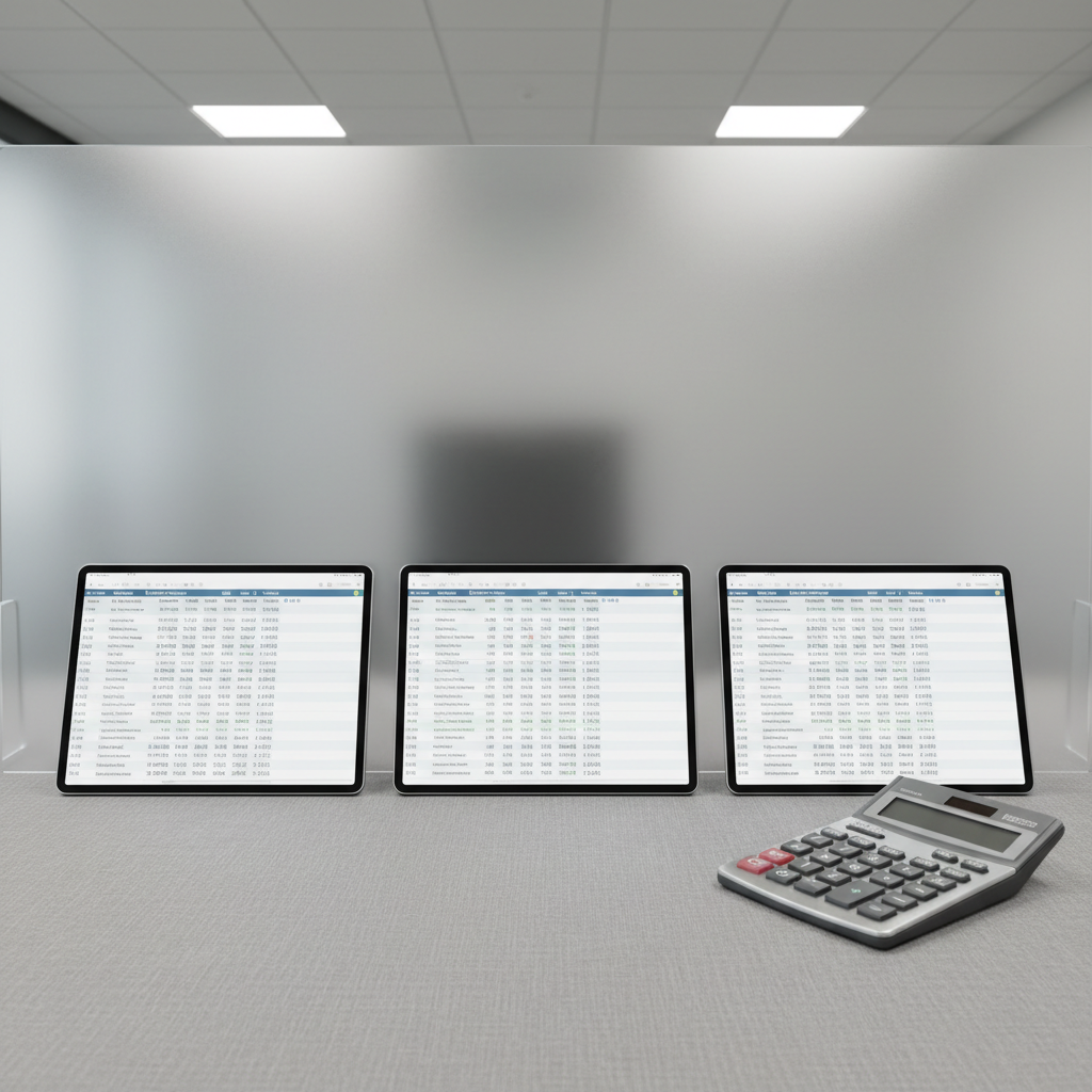 A precise arrangement of open, crisp white spreadsheets and a gleaming stainless steel calculator set on a textured, soft grey desktop. Behind the desk, a tall, frosted glass divider adds depth while keeping the focus on the work materials. Muted, even studio lighting creates neutral tones and highlights the clean geometric forms without harsh shadows. The overall mood is calm, systematic, and efficient. Photographed head-on at an eye-level angle with sharp focus throughout, the image boasts a structured, corporate visual style—perfectly suited for representing financial services with professionalism and clarity.