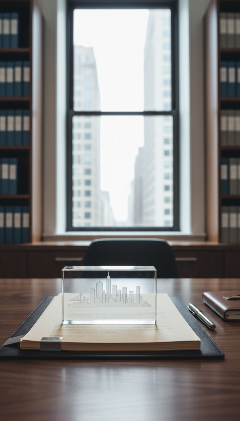 A high-end, rectangular glass paperweight featuring an etched city skyline anchors a stack of precisely aligned tan legal documents. These elements are arranged on a smooth, walnut executive desk with a subtle grain. In the background, the suggestion of shelves lined with slim, uniform binders brings order and sophistication to the setting. Soft, overcast natural light shines through a large window, producing delicate highlights and a feeling of openness. The composition follows the rule of thirds, balancing the elements for visual ease. The photographic style is clean and modern, embodying the structured efficiency of an established CPA firm.